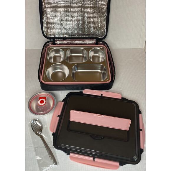Lunch Bento Box Portable Carrier 5 Compartment Tray Pink Black New 963A - Picture 2 of 5